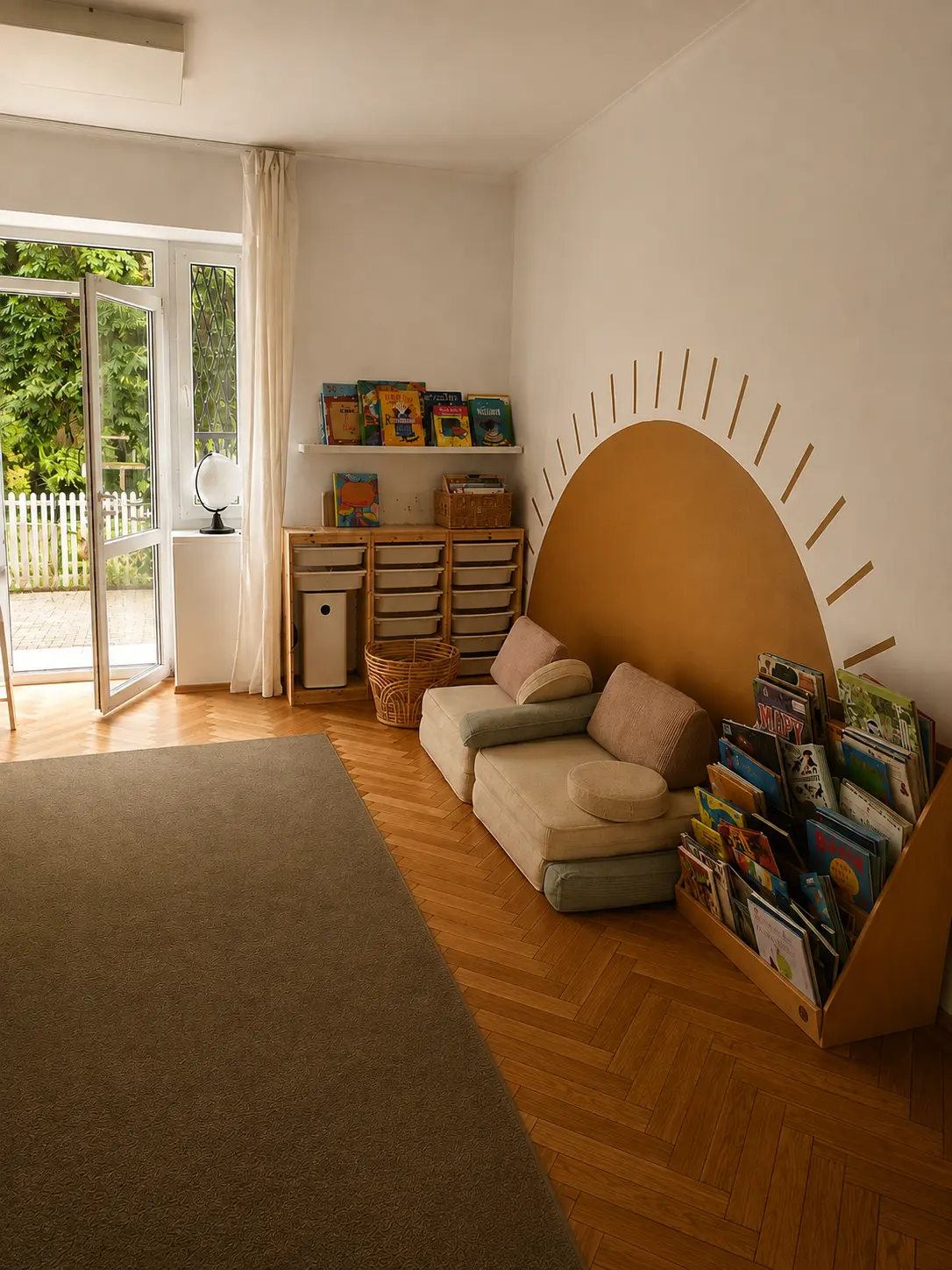 Kącik czytelniczy z beżową sofą, poduszkami i regałem z książeczkami obok otwartych drzwi do ogrodu