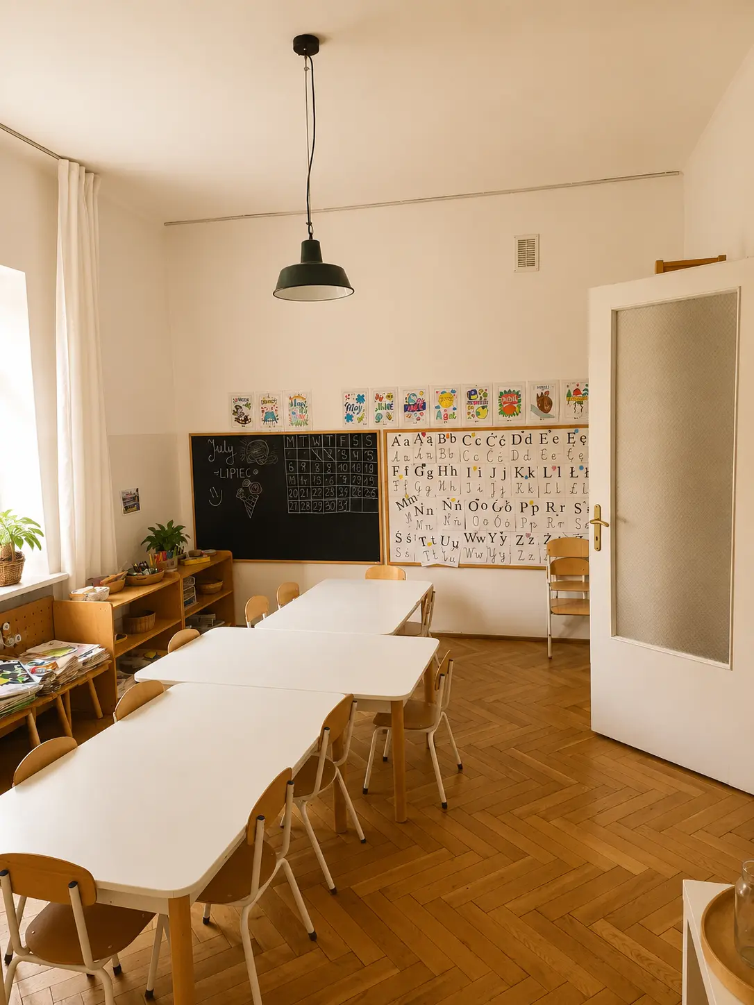 Sala z tablicą kredową, alfabetem na ścianie, stolikami i krzesełkami na parkiecie w jodełkę