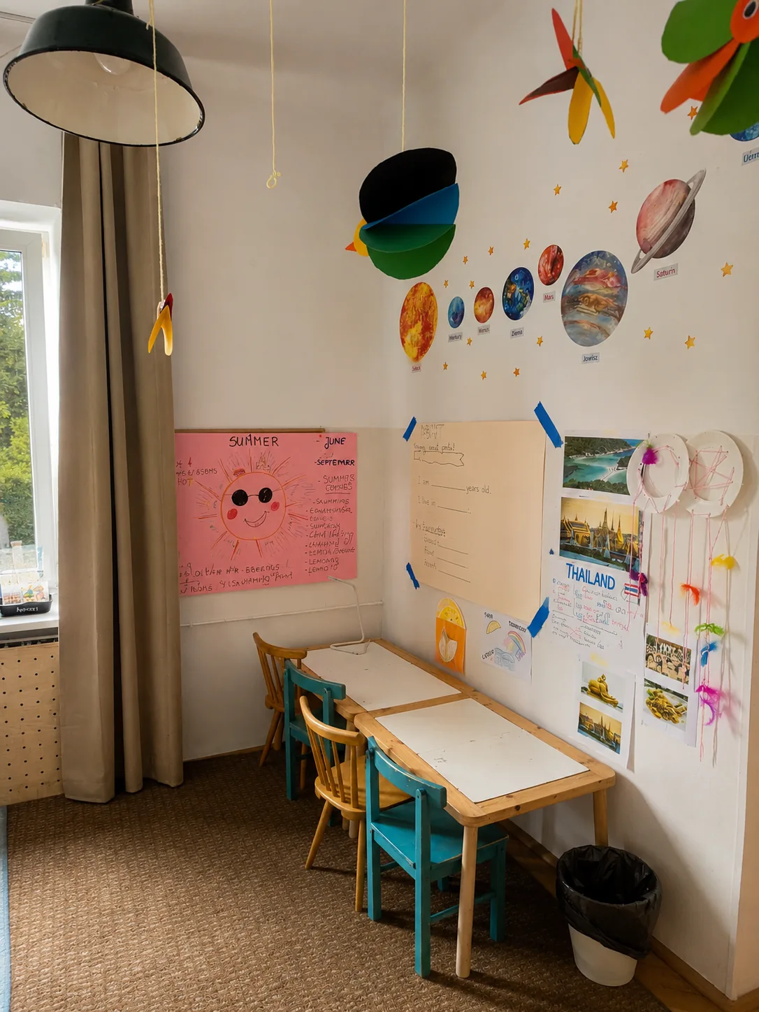 Sala przedszkola: dwa niskie stoliki z jasnego drewna i krzesełka, na ścianach planety Układu Słonecznego, plakat o lecie i tablica o Tajlandii