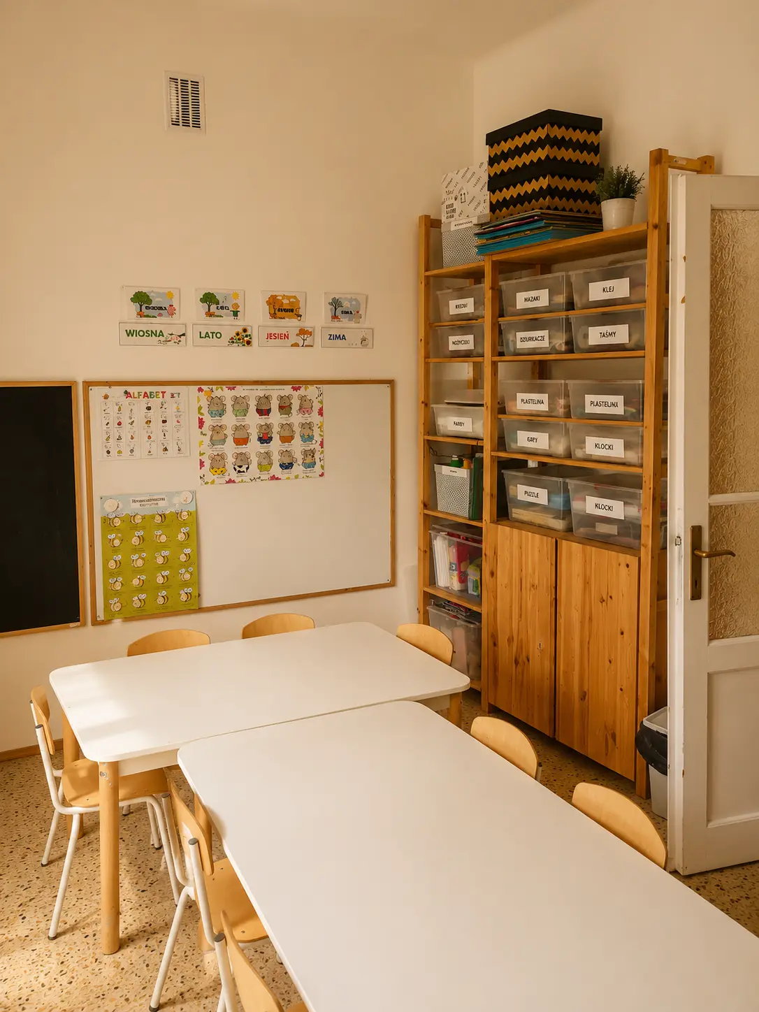 Sala z białymi stolikami, drewnianymi krzesełkami i regałem z opisanymi pojemnikami na materiały